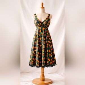 Vtg 70s Jack Hartley Floral Lace Trim Midi Dress Boho Cottagecore 13/14 | 6/8